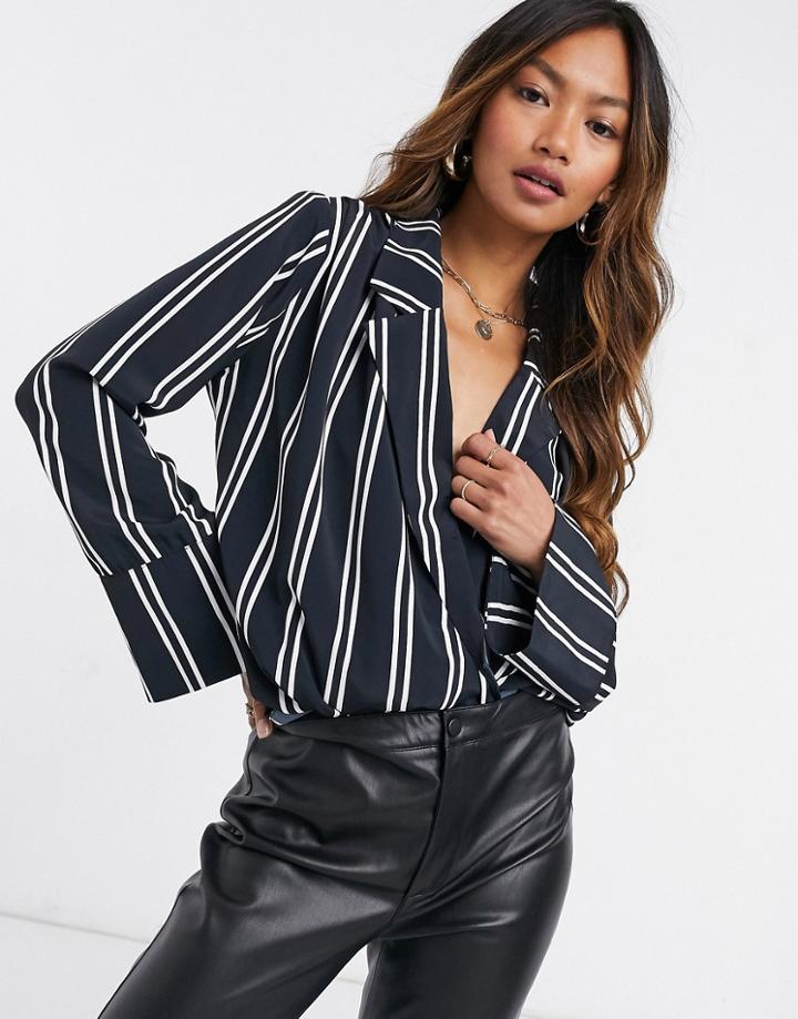 Asos Design Long Sleeve Wrap Blouse With Shoulder Pad In Stripe Print-multi