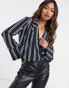 Asos Design Long Sleeve Wrap Blouse With Shoulder Pad In Stripe Print-multi