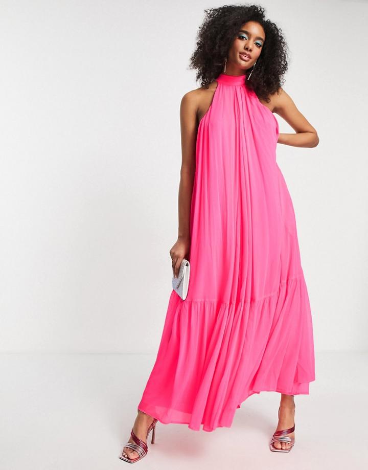 Asos Edition Halter Maxi Dress In Bright Pink-multi