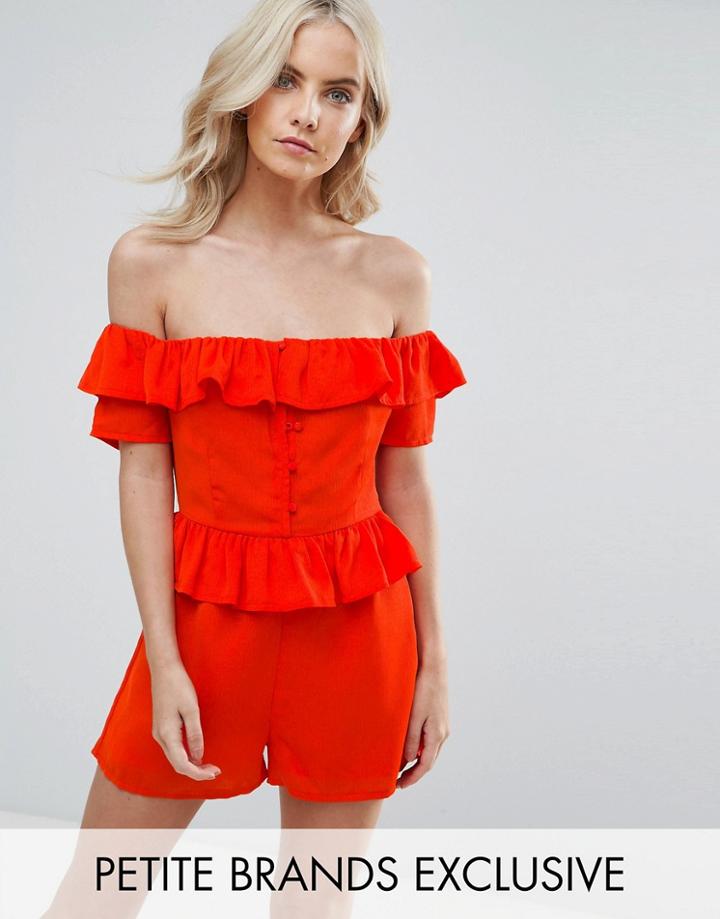 Fashion Union Petite Bardot Ruffle Detail Romper - Red