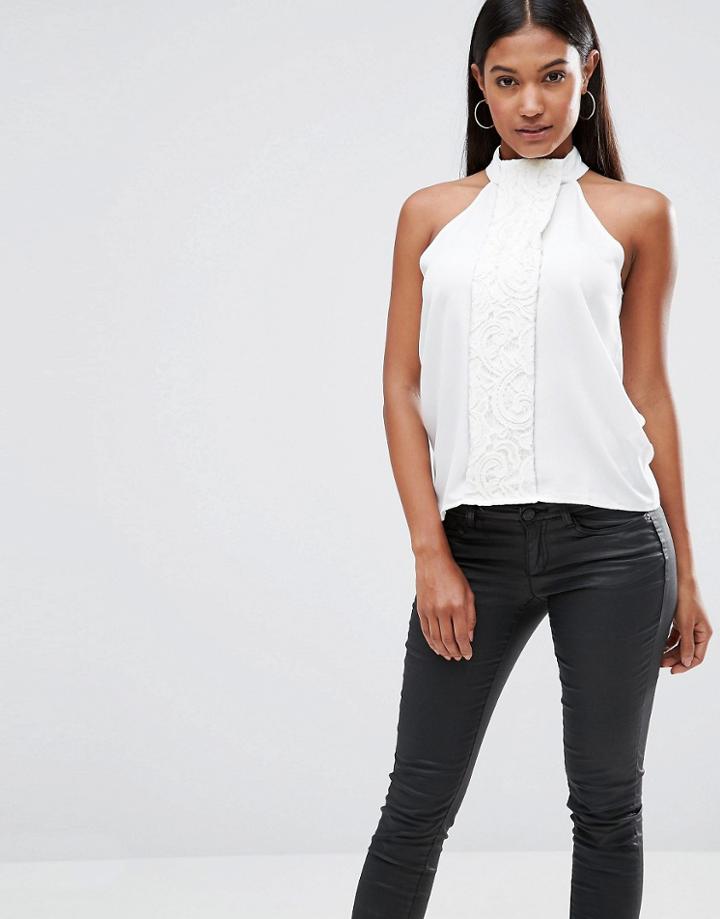 Vesper High Neck Lace Blouse With Cut Away Shoulder - Cream