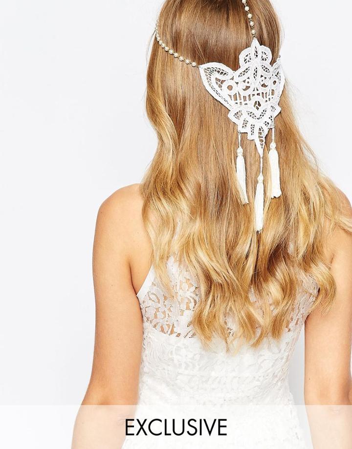 Olivia The Wolf Guipiur Lace Pearl Chain Tasseled Halo Headband - Cream