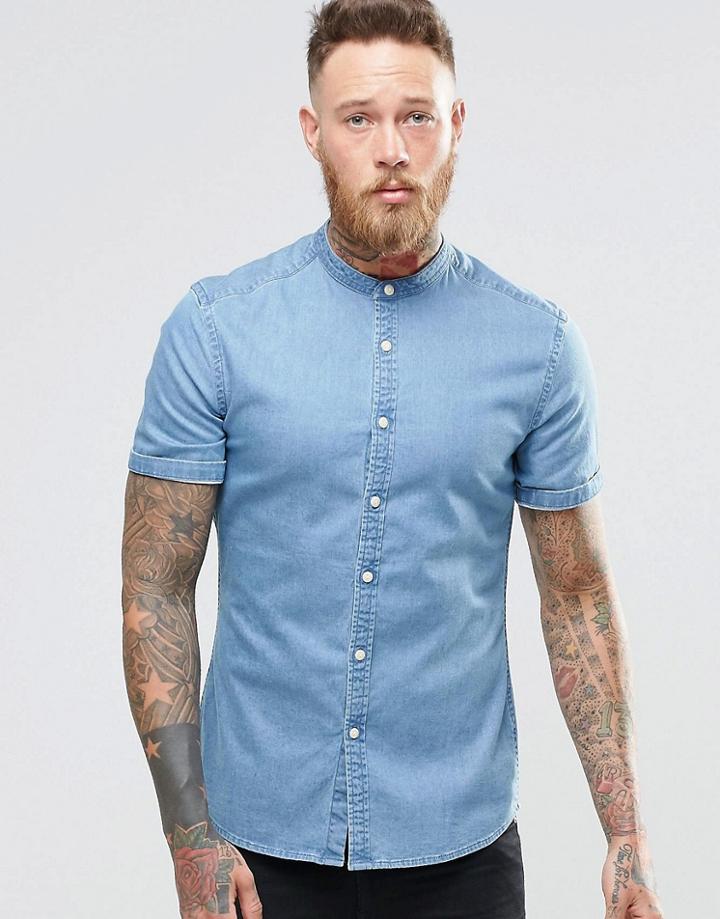 Asos Skinny Denim Shirt In Mid Wash With Grandad Collar In Short Sleeve - Mid Wash