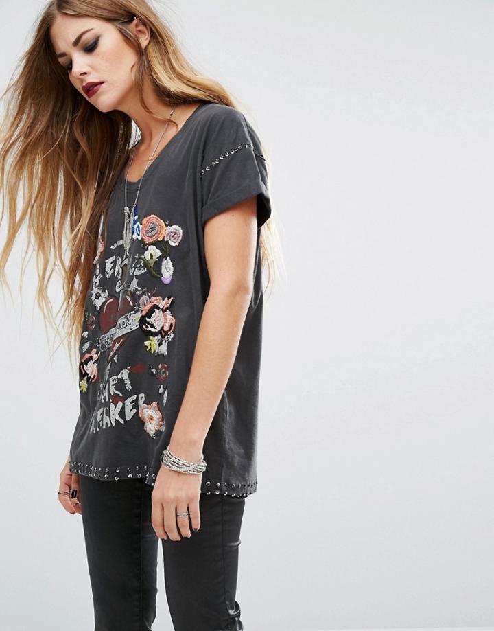 Religion Oversized T-shirt With Print And Embellishment Details - Black