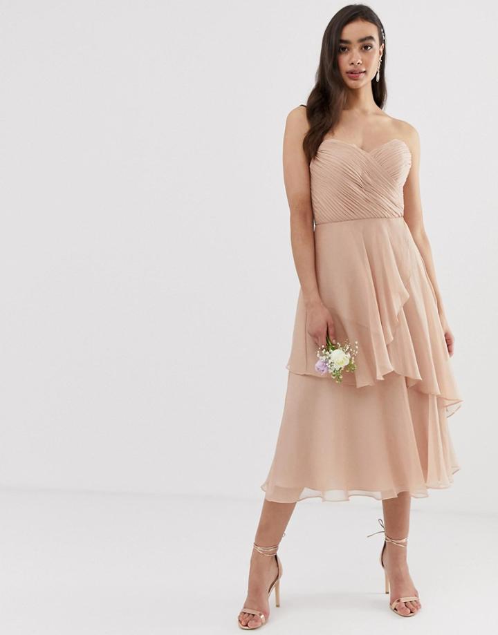 Asos Design Bridesmaid Bandeau Midi Dress With Soft Layered Skirt - Pink
