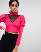 Boohoo Mesh Insert Puff Sleeve Top - Pink