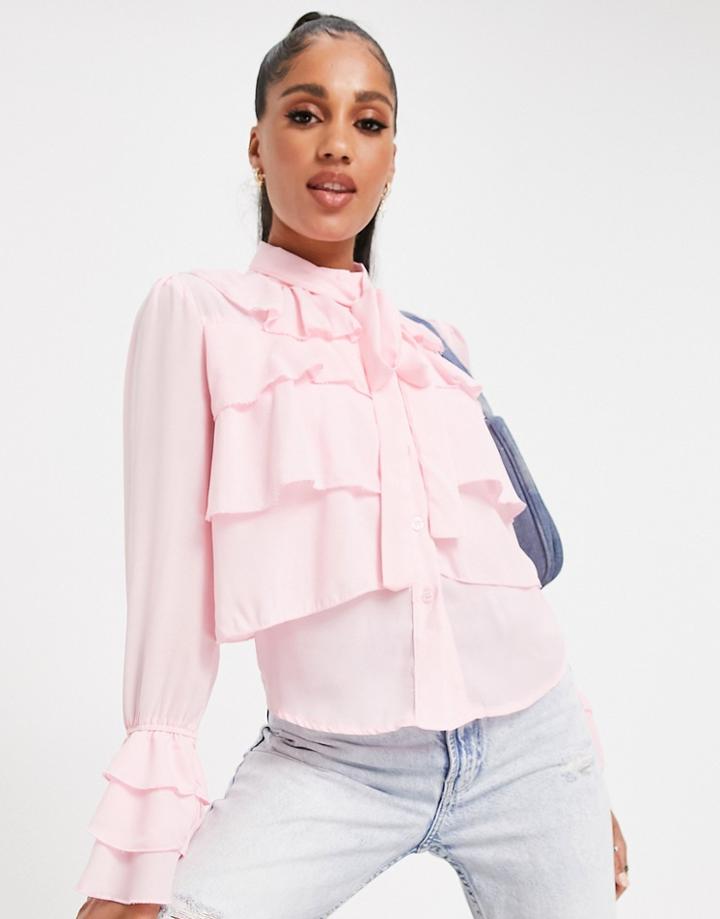 Parisian Tie Neck Ruffle Detail Blouse In Pink