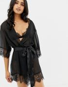 Wolf & Whistle Mesh And Lace Detail Kimono In Black - Black