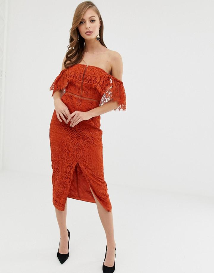 Asos Design Bandeau Pencil Midi Dress In Lace - Red