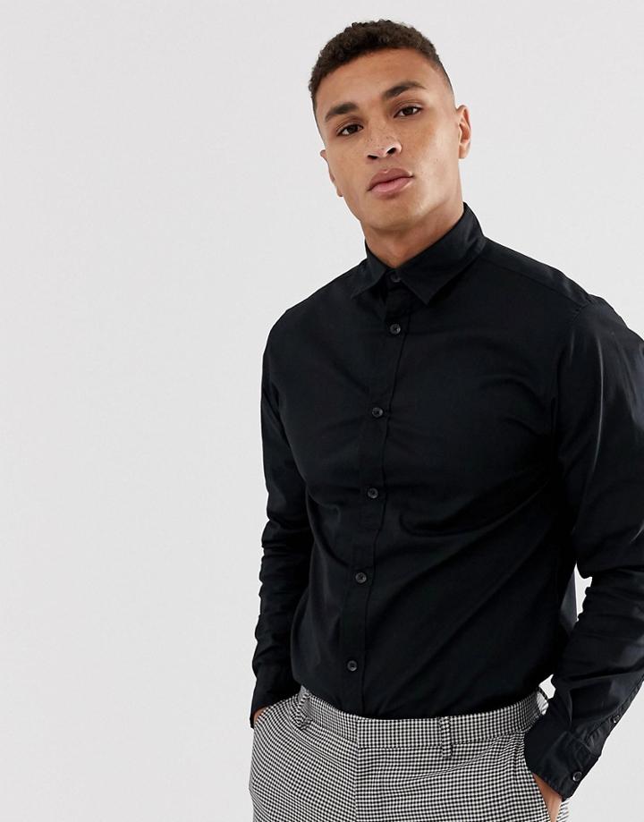Jack & Jones Slim Stretch Poplin Shirt In Black - Black