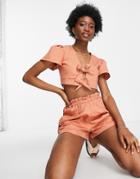 Asos Design Soft Denim Coordinating Wrap Top In Burnt Orange