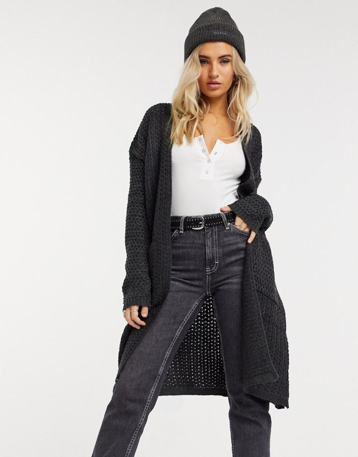 Qed London Longline Cardigan In Charcoal-grey