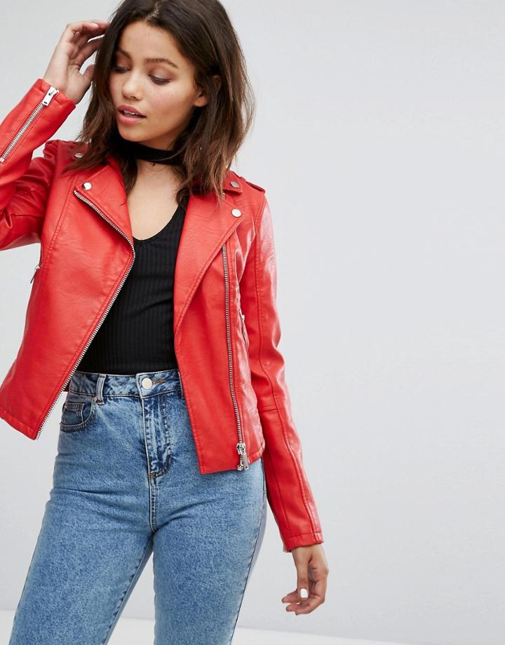 Miss Selfridge Faux Leather Biker Jacket - Navy