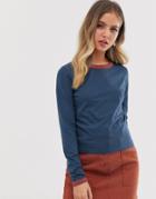 Brave Soul Eloise Long Sleeve T Shirt With Contrast Rib-navy