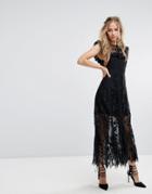 Foxiedox Lace Midi Dress With Ruffle Sleeves - Black