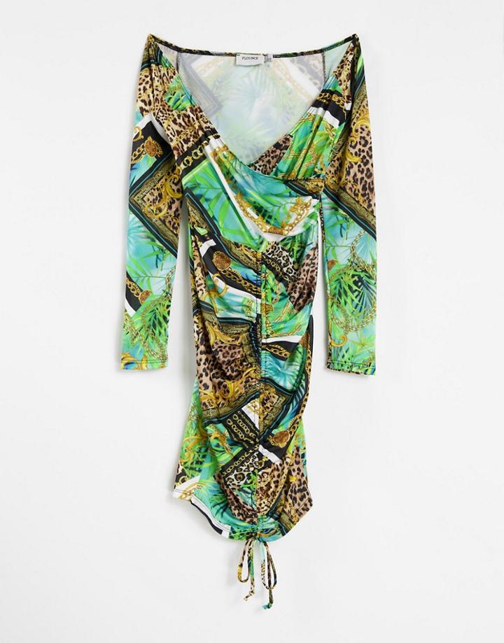 Flounce London Ruched Bardot Body-conscious Mini Dress In Orange Scarf Print-green