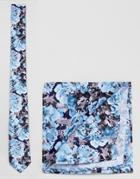 Asos Design Floral Tie And Pocket Square In Navy - Navy