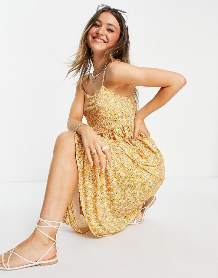 Pull & Bear Midi Dress In Mustard Print-orange