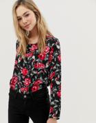 Jdy Fara Rose Print Long Sleeved Top - Black