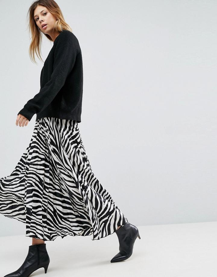 Asos Satin Pleated Midi Skirt In Zebra Print - Multi