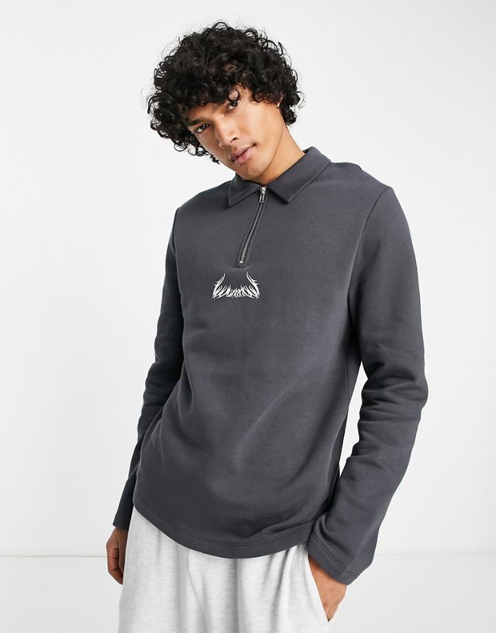 Asos Design Half Zip Sweatshirt In Dark Gray With Small Text Print