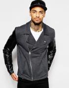 Asos Jersey Biker Jacket With Faux Leather Sleeves - Black