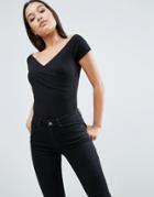 Asos Off Shoulder Top With Wrap Front And Cap Sleeves - Black