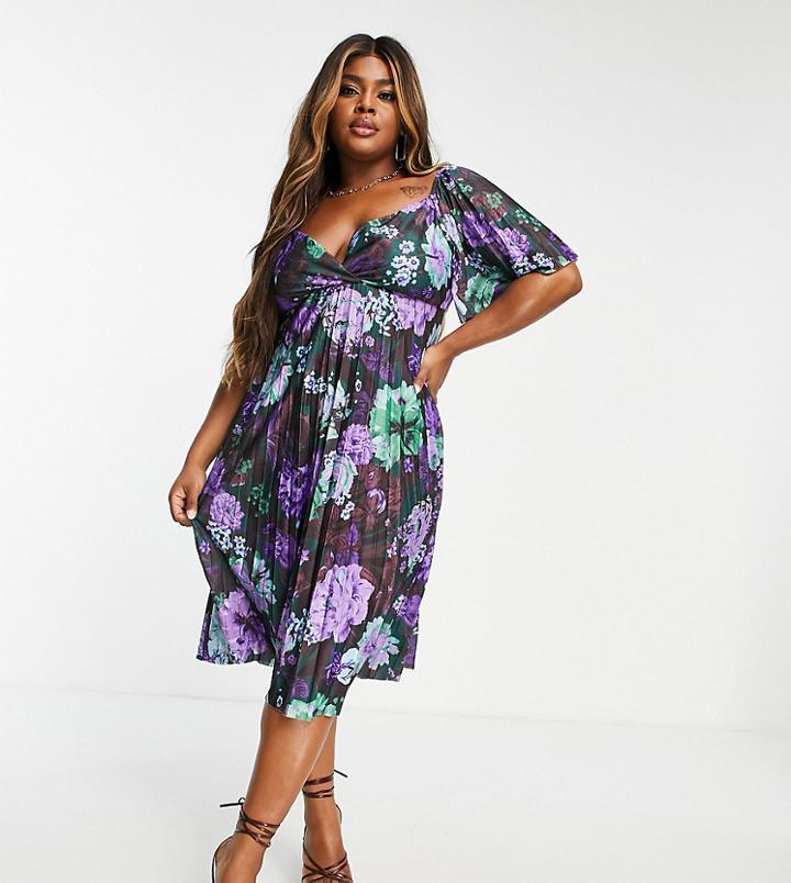 Asos Design Curve Pleated Twist Back Cap Sleeve Midi Dress In Purple Floral Print-multi