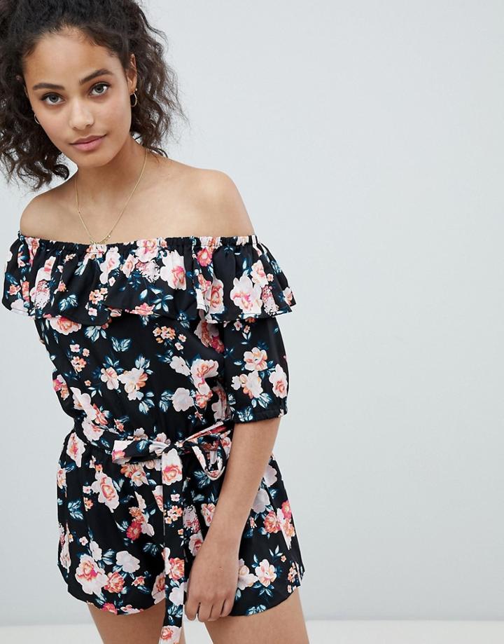 Rock & Religion Off Shoulder 3/4 Sleeve Floral Print Romper-multi