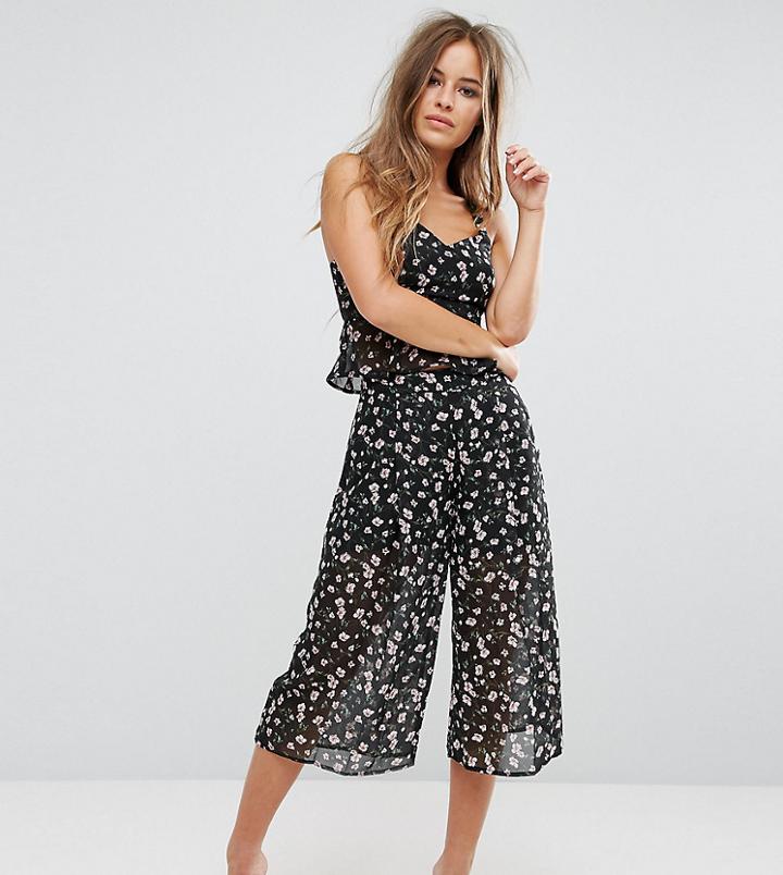 Missguided Petite Chiffon Pleat Front Floral Culottes - Black