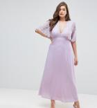 John Zack Plus Open Back Maxi Dress With Fluted Lace Sleeve - Purple