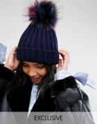 My Accessories Beanie With Multi Colored Pom - Navy
