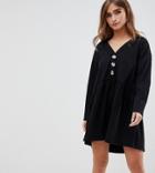 Asos Design Petite Faux Horn Button V Neck Mini Smock Dress - Black