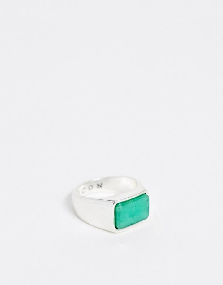 Icon Brand Signet Ring With Green Stone In Silver