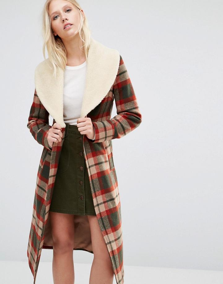Cooper & Stollbrand Faux Shearling Collar Check Coat - Multi
