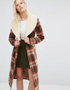 Cooper & Stollbrand Faux Shearling Collar Check Coat - Multi