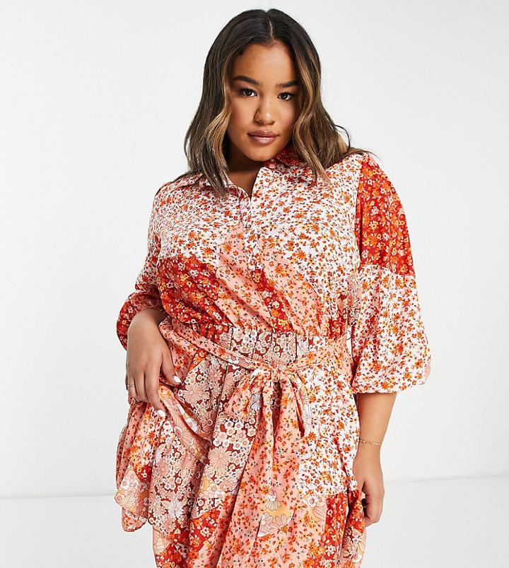 River Island Plus Mixed Print Shirt Mini Dress In Orange