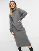 Asos Design Super Soft Exposed Seam Midi Sweater Dress With Cowl Neck In Gray-grey