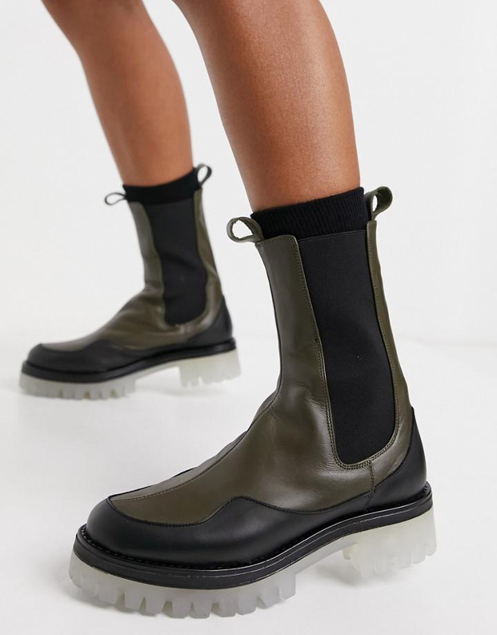 Asos Design Admire Premium Leather Chunky Chelsea Boots In Khaki-green