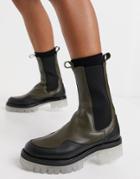 Asos Design Admire Premium Leather Chunky Chelsea Boots In Khaki-green