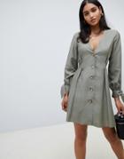 Asos Design Button Through Mini Skater Dress With Tie Sleeves - Green