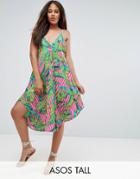 Asos Tall Cami Beach Dress With Dipped Hem In Stripe Palm Print - Multi