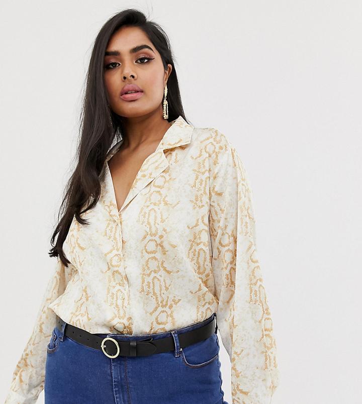 Asos Design Curve Relaxed Satin Long Sleeve Shirt In Snake Animal Print - Multi