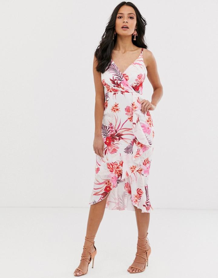 Lipsy Cami Midi Dress With Waterfall Frill Detail In Floral Print-multi