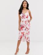 Lipsy Cami Midi Dress With Waterfall Frill Detail In Floral Print-multi