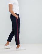 Asos Design Tapered Smart Pants In Navy With Side Stripe Tape - Navy