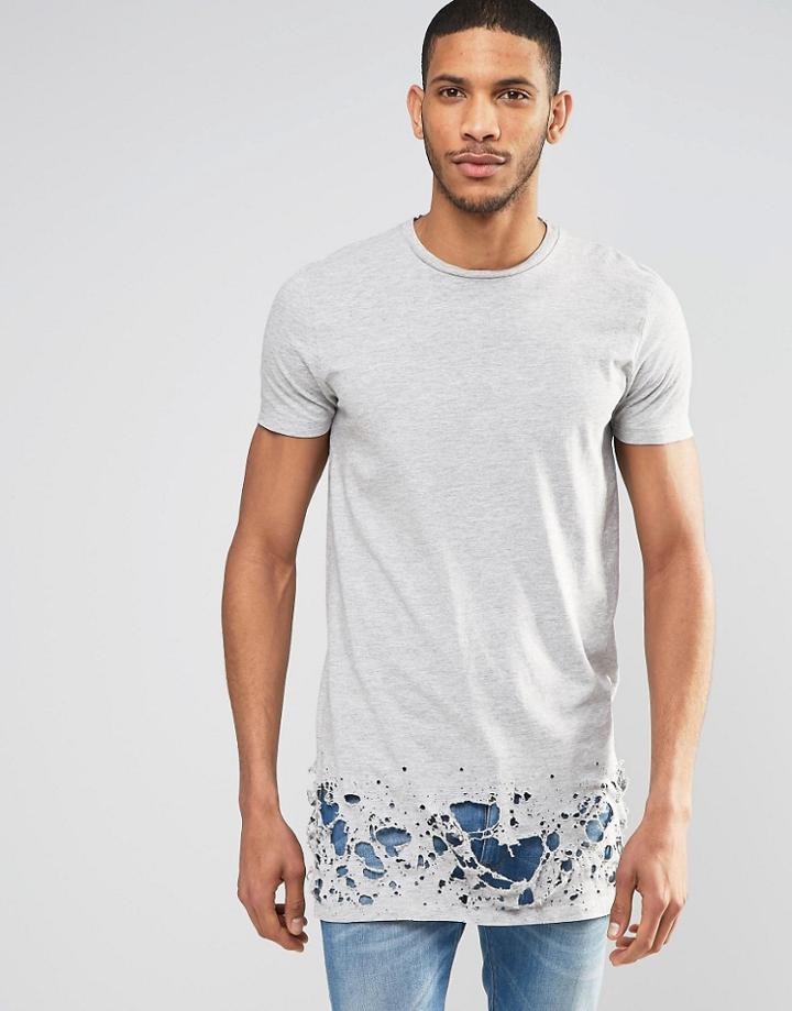 Asos Super Longline T-shirt With Extreme Distressed Hem In Gray - Gray Marl