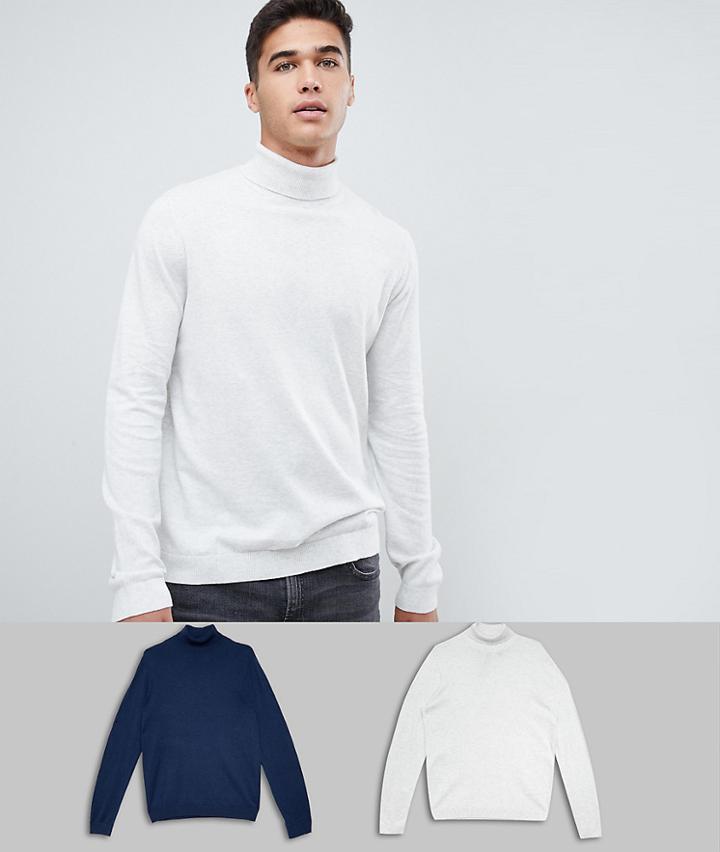 Asos Design Roll Neck Sweater In Navy / White 2 Pack Save - Multi