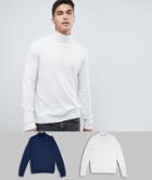Asos Design Roll Neck Sweater In Navy / White 2 Pack Save - Multi