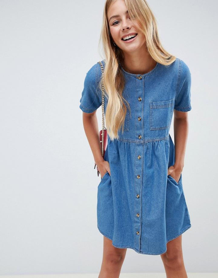 Asos Design Denim Smock Dress In Midwash Blue - Blue